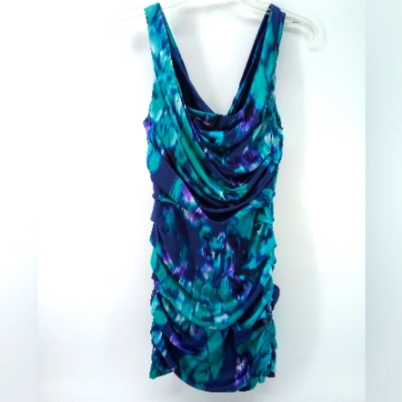 $128 Express Silk Spandex Mermaid Ruched Blue Green Design Studio 2010 Dress 4 - Picture 1 of 12